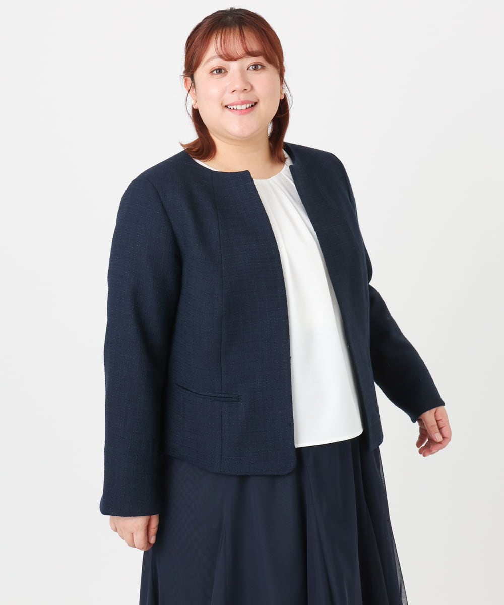 OLJBD10239 eur3(エウルキューブ) 【WEB先行販売】【大きいサイズ】ノーカラーツイードジャケット ネイビー(57)