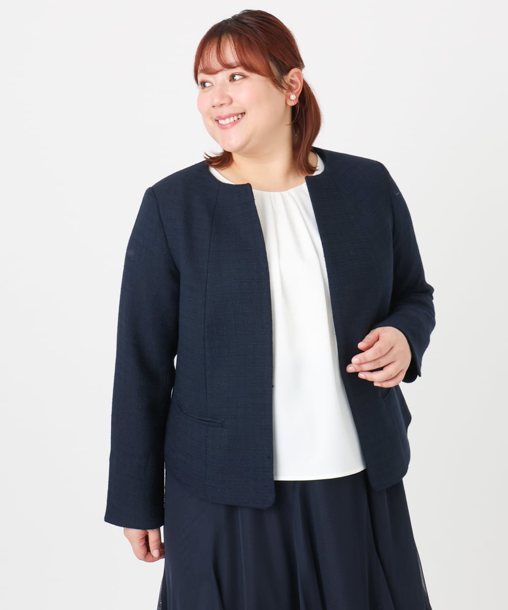 OLJBD10239 eur3(エウルキューブ) 【WEB先行販売】【大きいサイズ】ノーカラーツイードジャケット ネイビー(57)