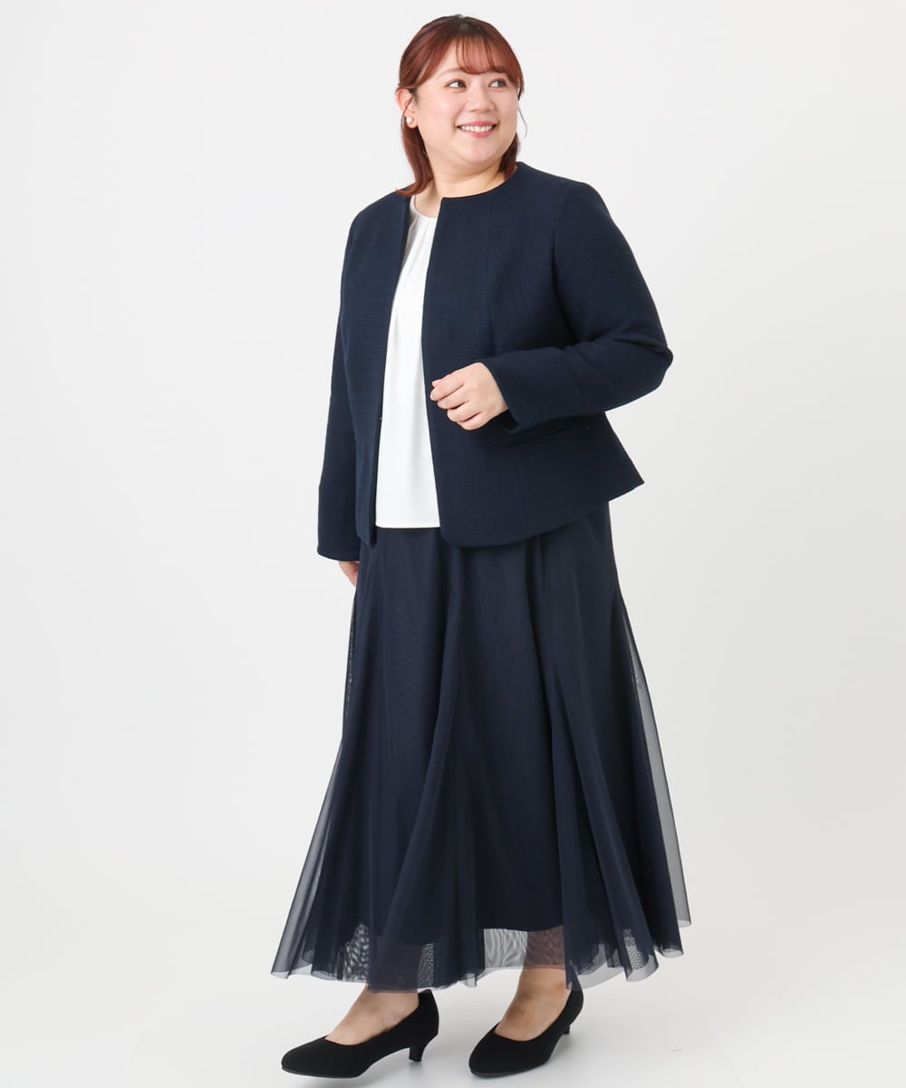 OLJBD10239 eur3(エウルキューブ) 【WEB先行販売】【大きいサイズ】ノーカラーツイードジャケット ネイビー(57)