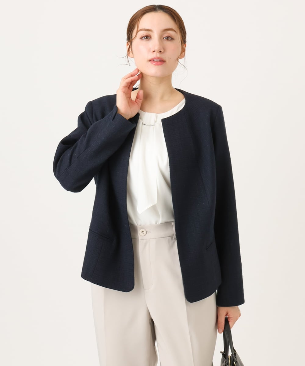 OLJBD10239 eur3(エウルキューブ) 【大きいサイズ】ノーカラーツイードジャケット ネイビー(57)