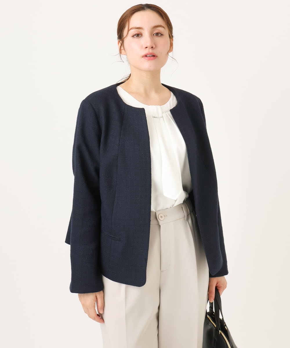 OLJBD10239 eur3(エウルキューブ) 【大きいサイズ】ノーカラーツイードジャケット ネイビー(57)