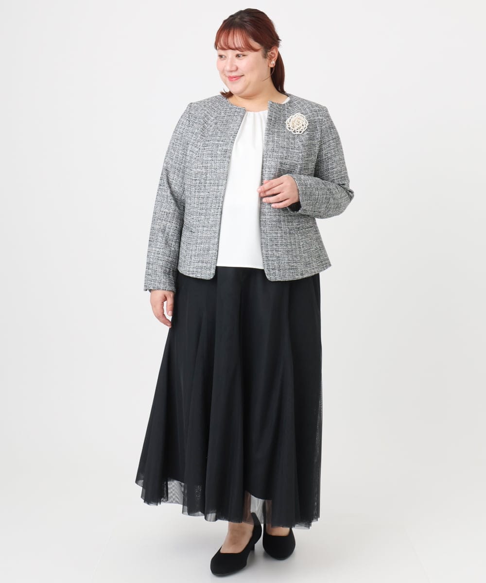 OLJBD10239 eur3(エウルキューブ) 【WEB先行販売】【大きいサイズ】ノーカラーツイードジャケット ダークグレー(93)