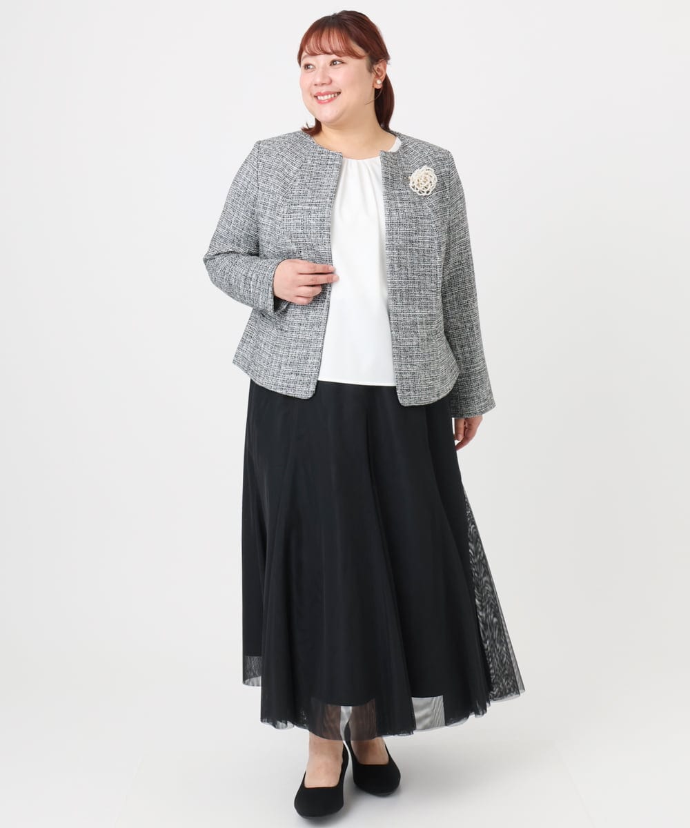 OLJBD10239 eur3(エウルキューブ) 【WEB先行販売】【大きいサイズ】ノーカラーツイードジャケット ダークグレー(93)