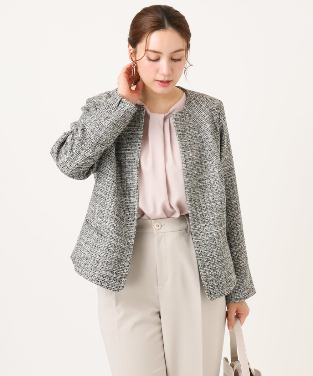 OLJBD10239 eur3(エウルキューブ) 【大きいサイズ】ノーカラーツイードジャケット ダークグレー(93)