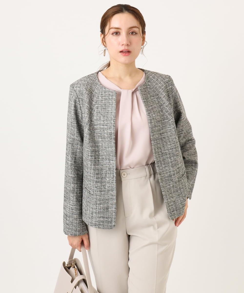 OLJBD10239 eur3(エウルキューブ) 【大きいサイズ】ノーカラーツイードジャケット ダークグレー(93)