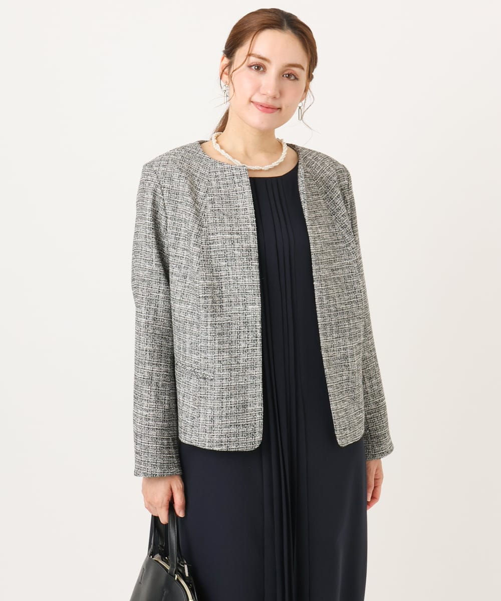 OLJBD10239 eur3(エウルキューブ) 【大きいサイズ】ノーカラーツイードジャケット ダークグレー(93)