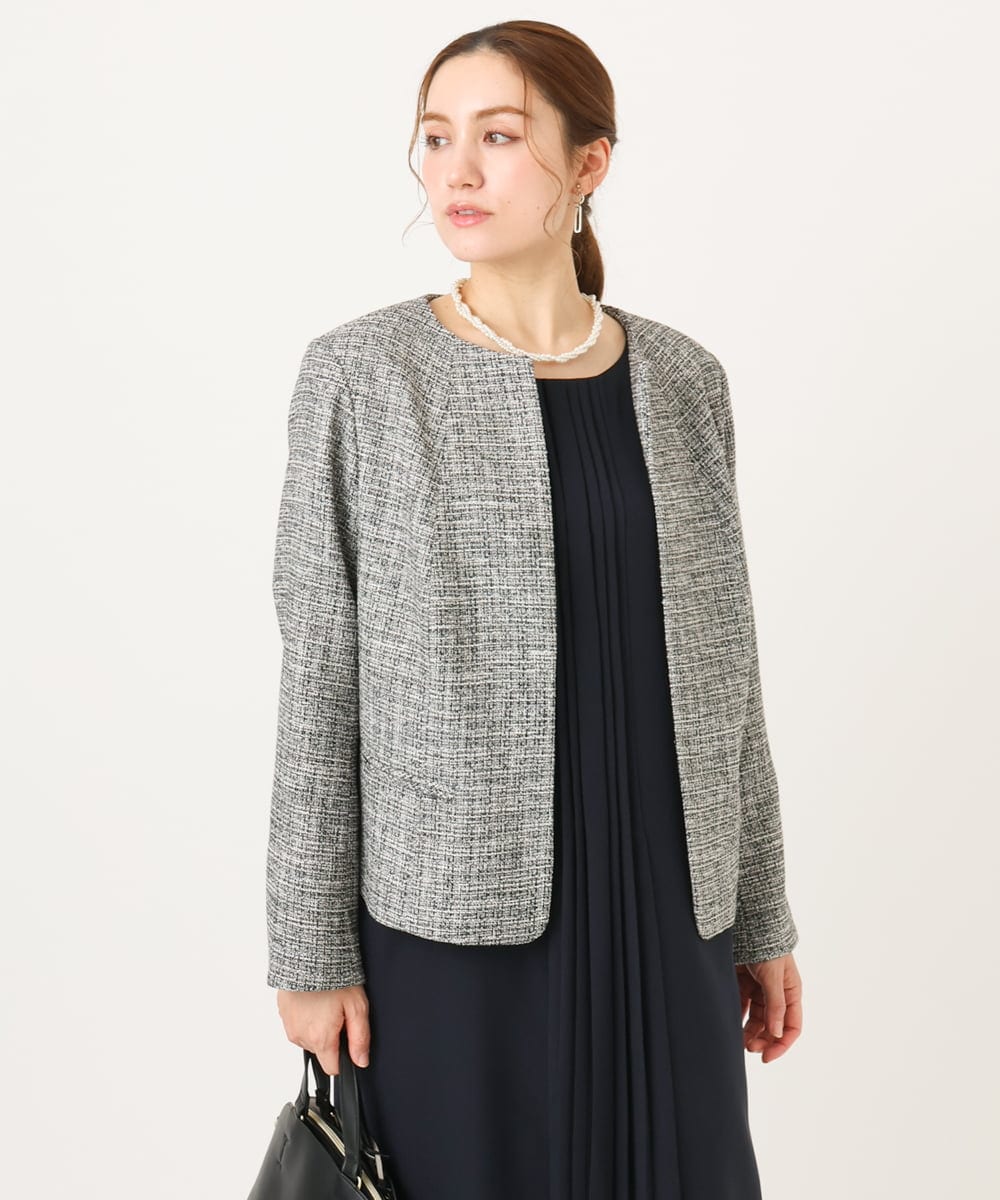 OLJBD10239 eur3(エウルキューブ) 【大きいサイズ】ノーカラーツイードジャケット ダークグレー(93)