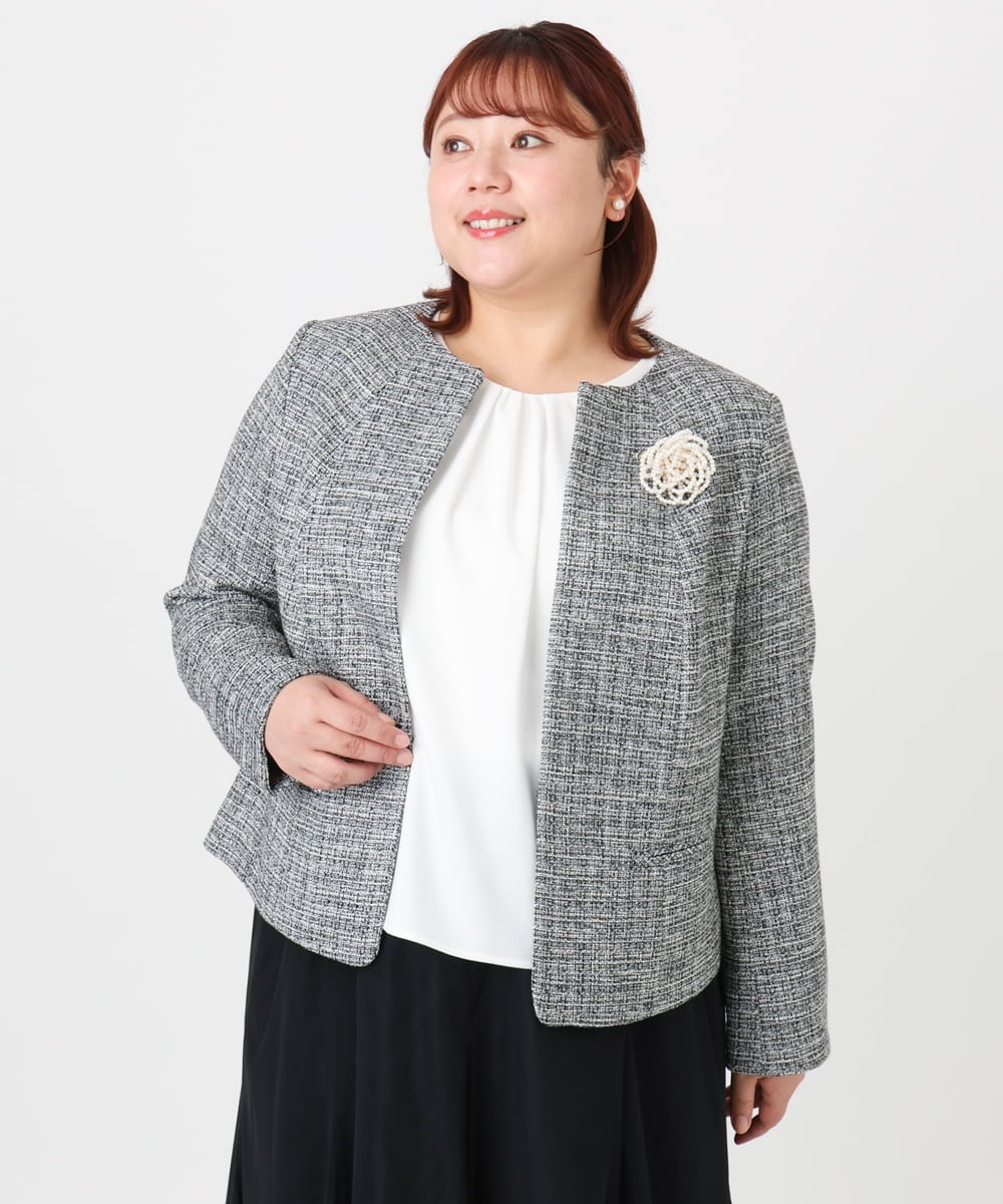 OLJBD10239 eur3(エウルキューブ) 【WEB先行販売】【大きいサイズ】ノーカラーツイードジャケット ダークグレー(93)