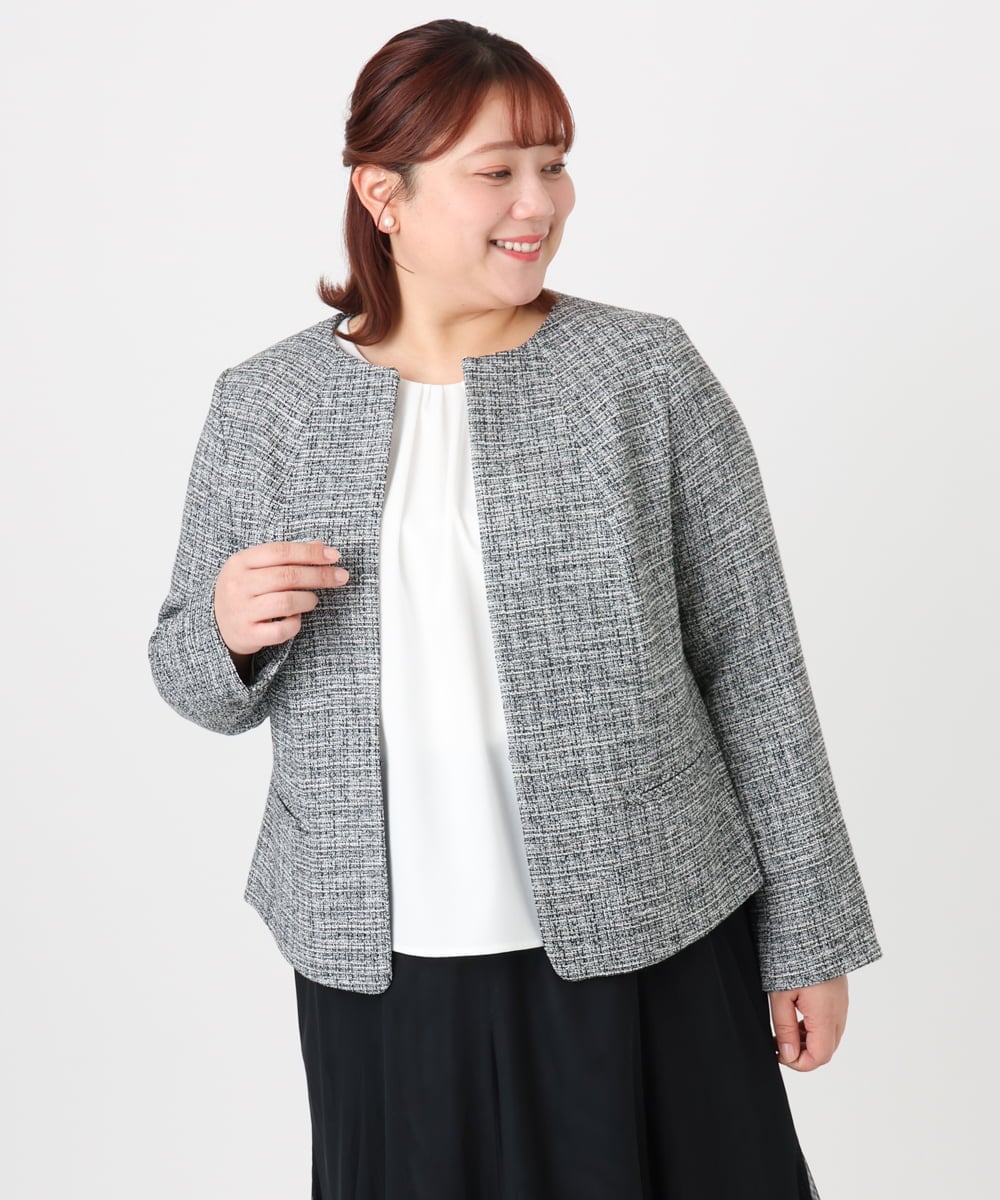 OLJBD10239 eur3(エウルキューブ) 【WEB先行販売】【大きいサイズ】ノーカラーツイードジャケット ダークグレー(93)