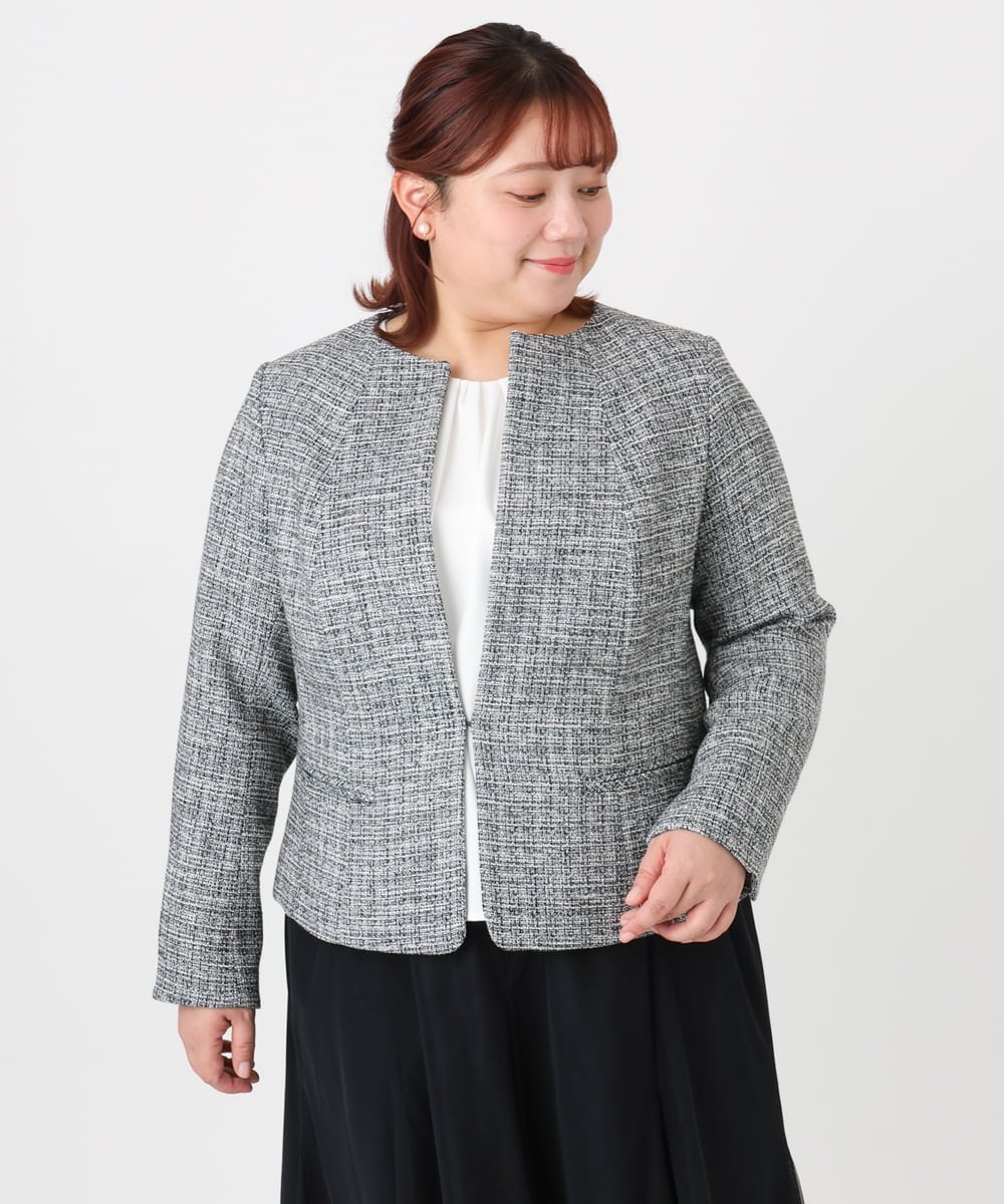 OLJBD10239 eur3(エウルキューブ) 【WEB先行販売】【大きいサイズ】ノーカラーツイードジャケット ダークグレー(93)