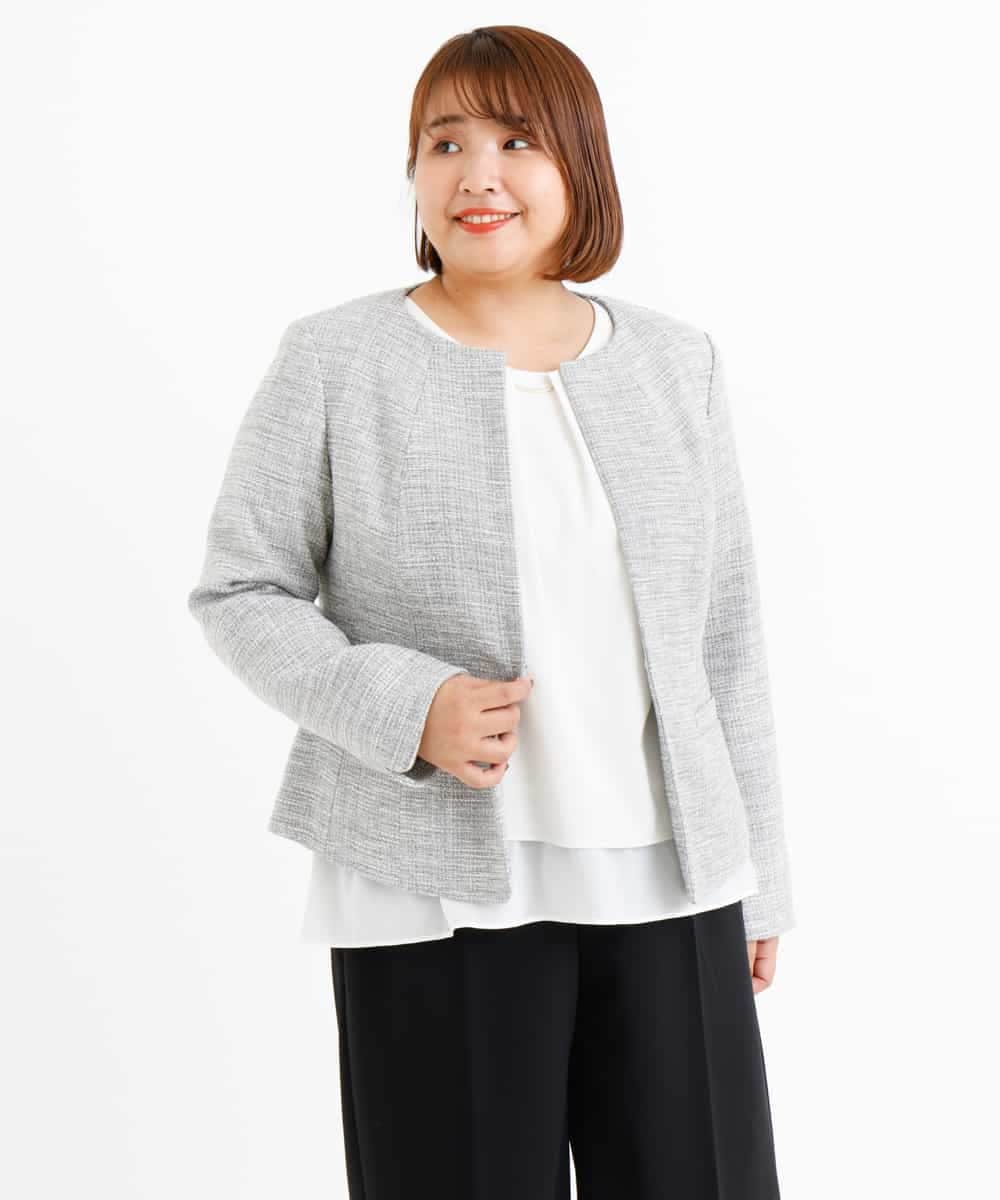 OLJBJ11189 eur3(エウルキューブ) 【大きいサイズ】動きやすいツィードノーカラージャケット ライトグレー(91)
