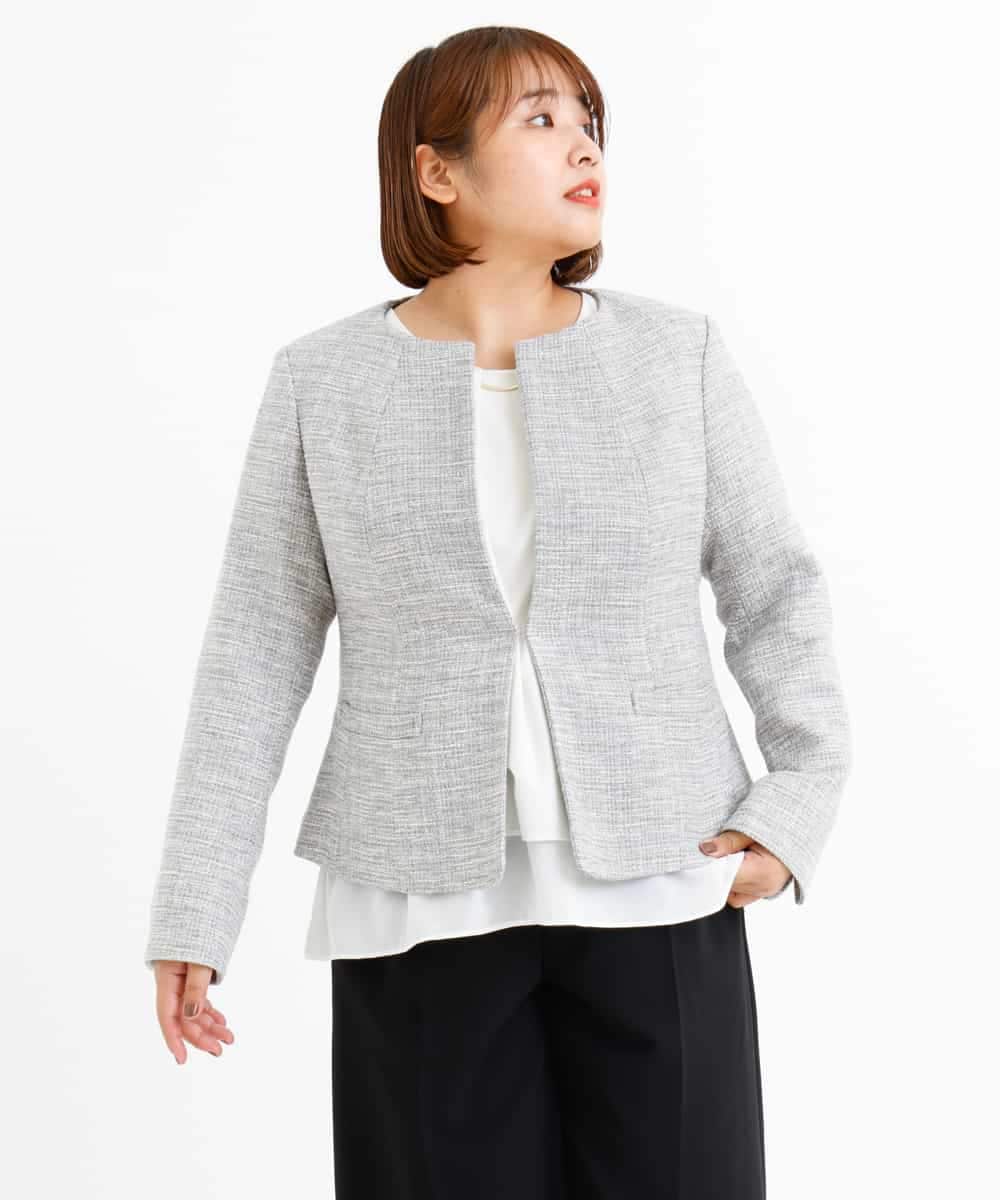 OLJBJ11189 eur3(エウルキューブ) 【大きいサイズ】動きやすいツィードノーカラージャケット ライトグレー(91)