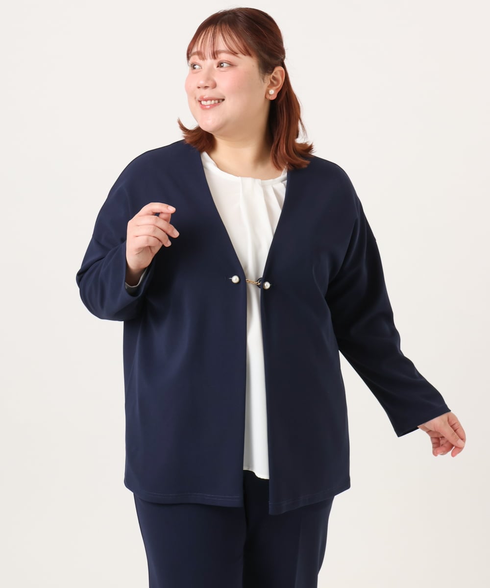 OLJDD07129 eur3(エウルキューブ) 【大きいサイズ/2wayボタン/セットアップ対応】カットジョーゼットVネックジャケット ネイビー(57)