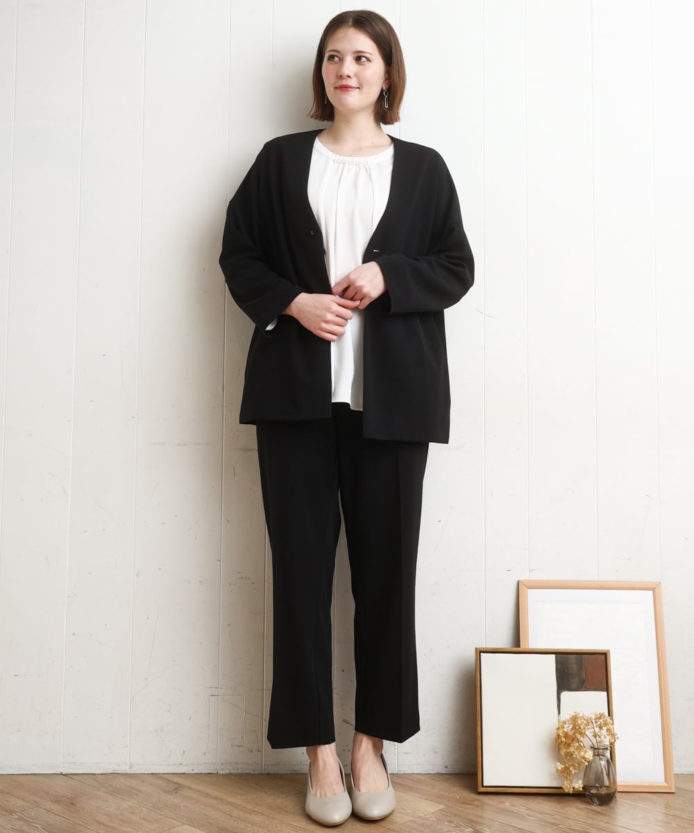 OLJDD07129 eur3(エウルキューブ) 【大きいサイズ/2wayボタン/セットアップ対応】カットジョーゼットVネックジャケット ブラック(94)