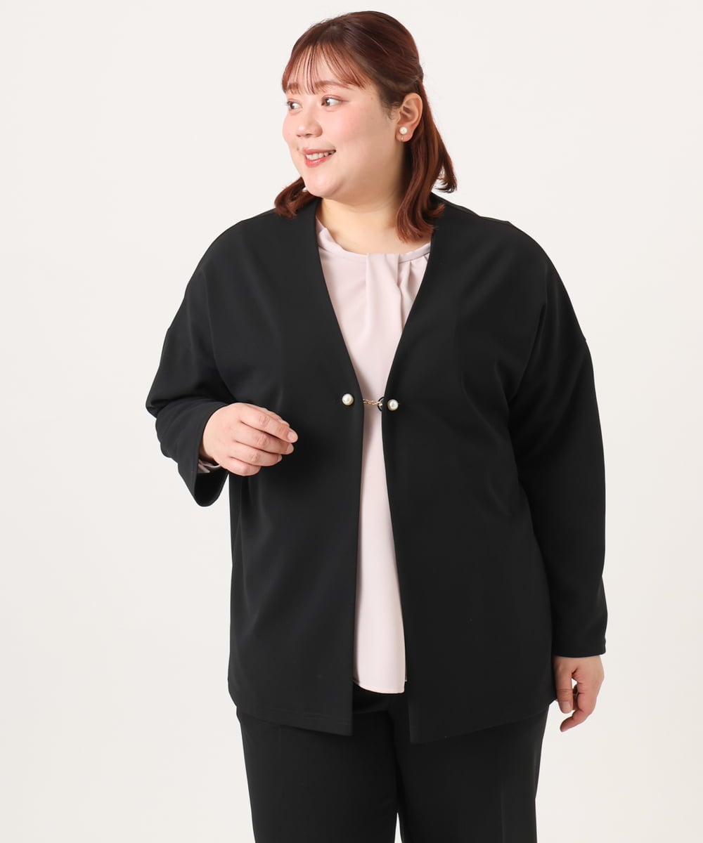 OLJDD07129 eur3(エウルキューブ) 【大きいサイズ/2wayボタン/セットアップ対応】カットジョーゼットVネックジャケット ブラック(94)