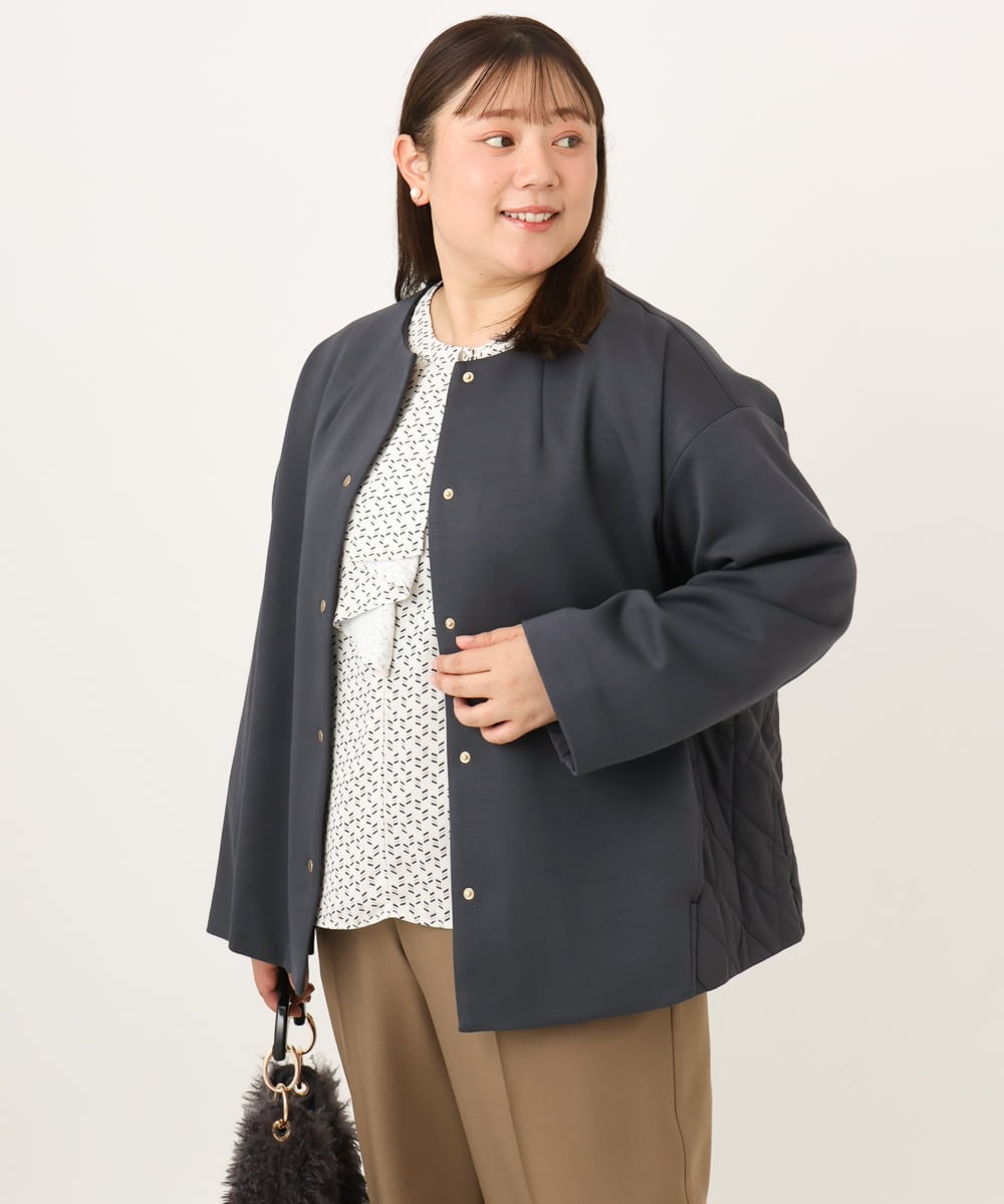 OLJKD02149 eur3(エウルキューブ) 【大きいサイズ】ノーカラーキルトコンビジャケット ダークグレー