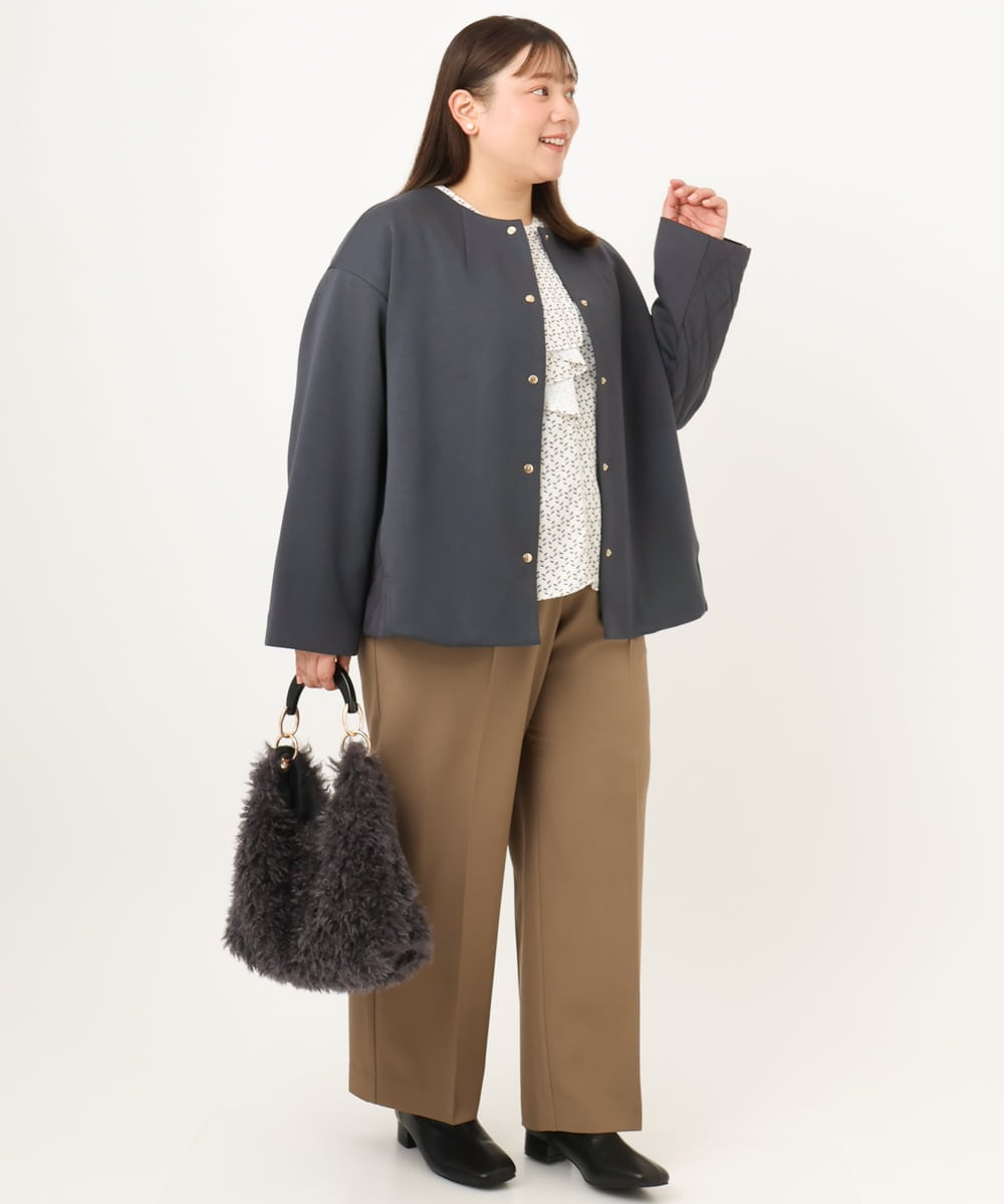 OLJKD02149 eur3(エウルキューブ) 【大きいサイズ】ノーカラーキルトコンビジャケット ダークグレー