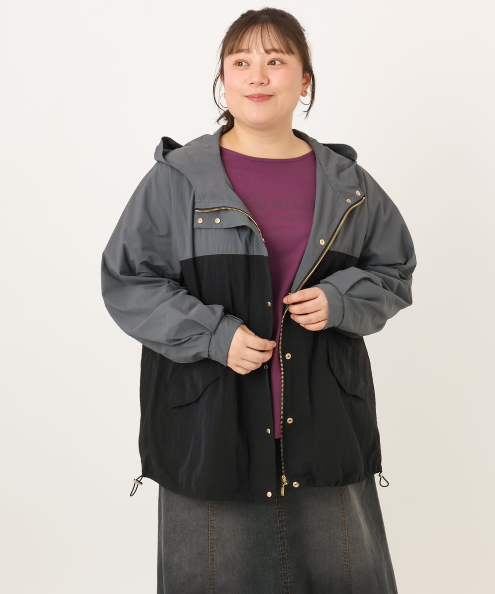 OLJKD07189 eur3(エウルキューブ) 【WEB先行販売】【大きいサイズ】バイカラーマウンテンパーカー ブラック