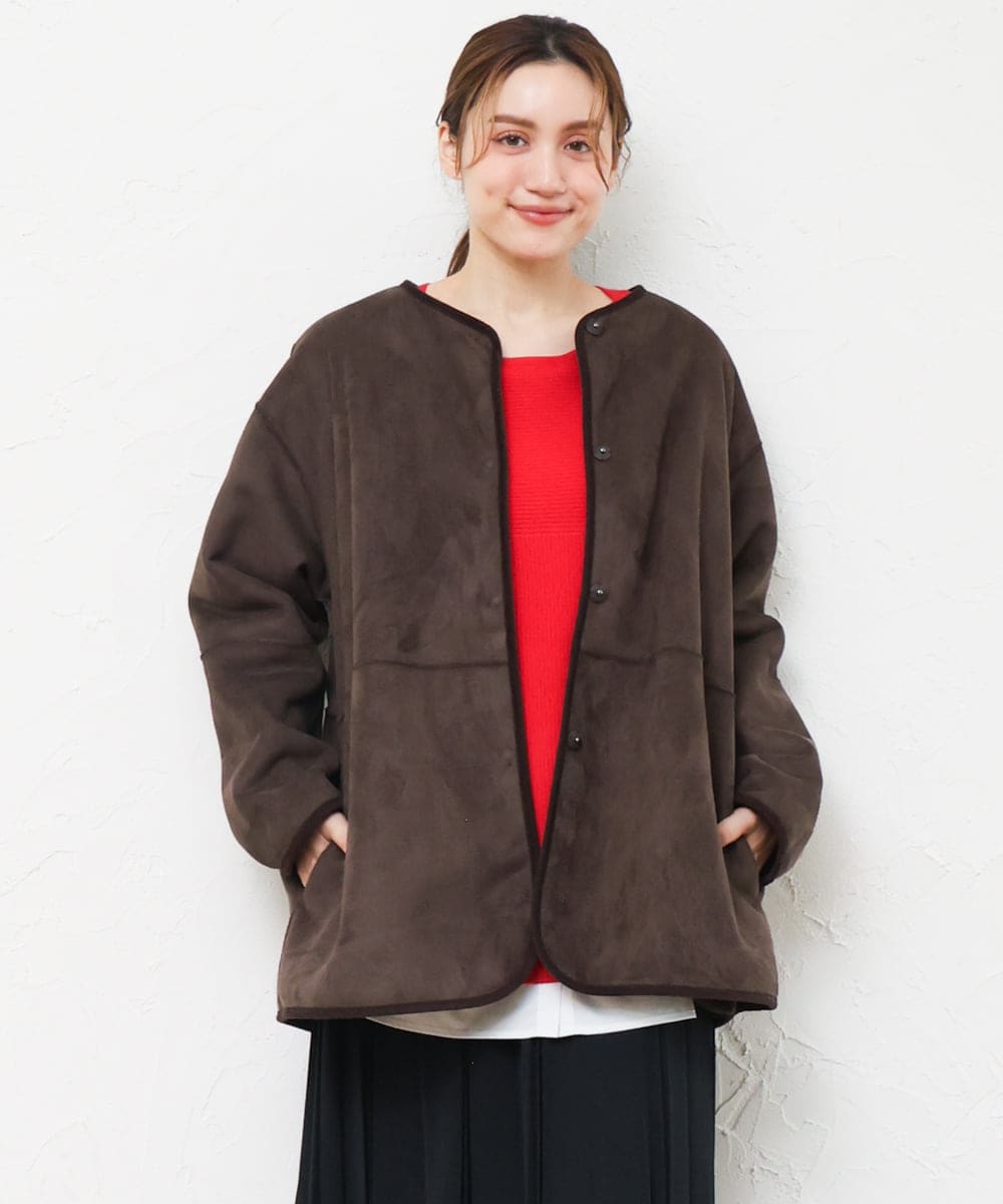 OLJLD05239 eur3(エウルキューブ) 【WEB先行販売】【大きいサイズ/リバーシブル】ノーカラーフェイクムートンコート ダークブラウン