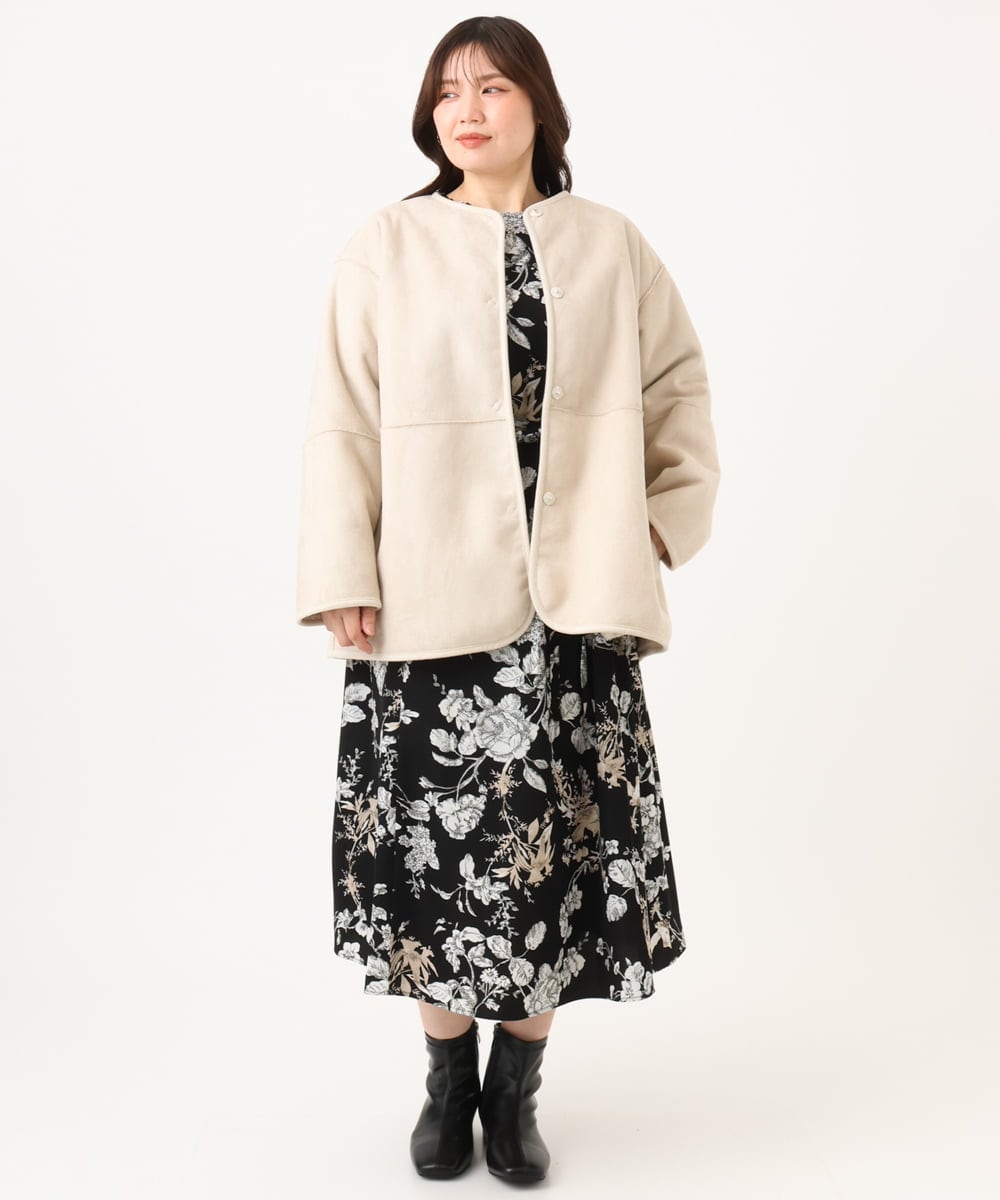 OLJLD05239 eur3(エウルキューブ) 【WEB先行販売】【大きいサイズ/リバーシブル】ノーカラーフェイクムートンコート グレージュ