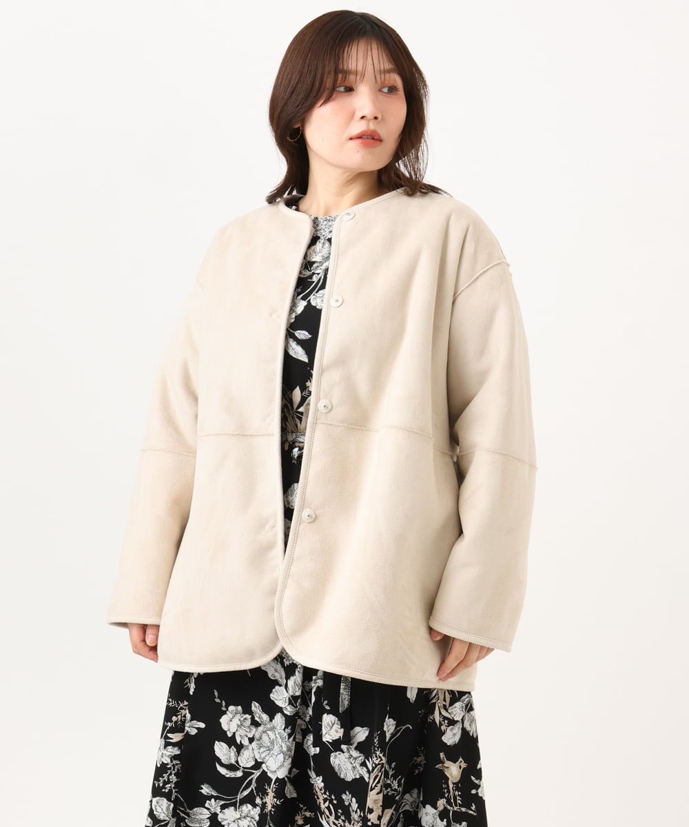 OLJLD05239 eur3(エウルキューブ) 【WEB先行販売】【大きいサイズ/リバーシブル】ノーカラーフェイクムートンコート グレージュ