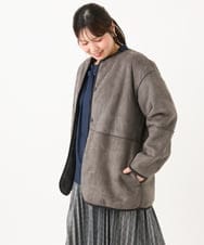 OLJLD05239 eur3(エウルキューブ) 【WEB先行販売】【大きいサイズ/リバーシブル】ノーカラーフェイクムートンコート ダークグレー