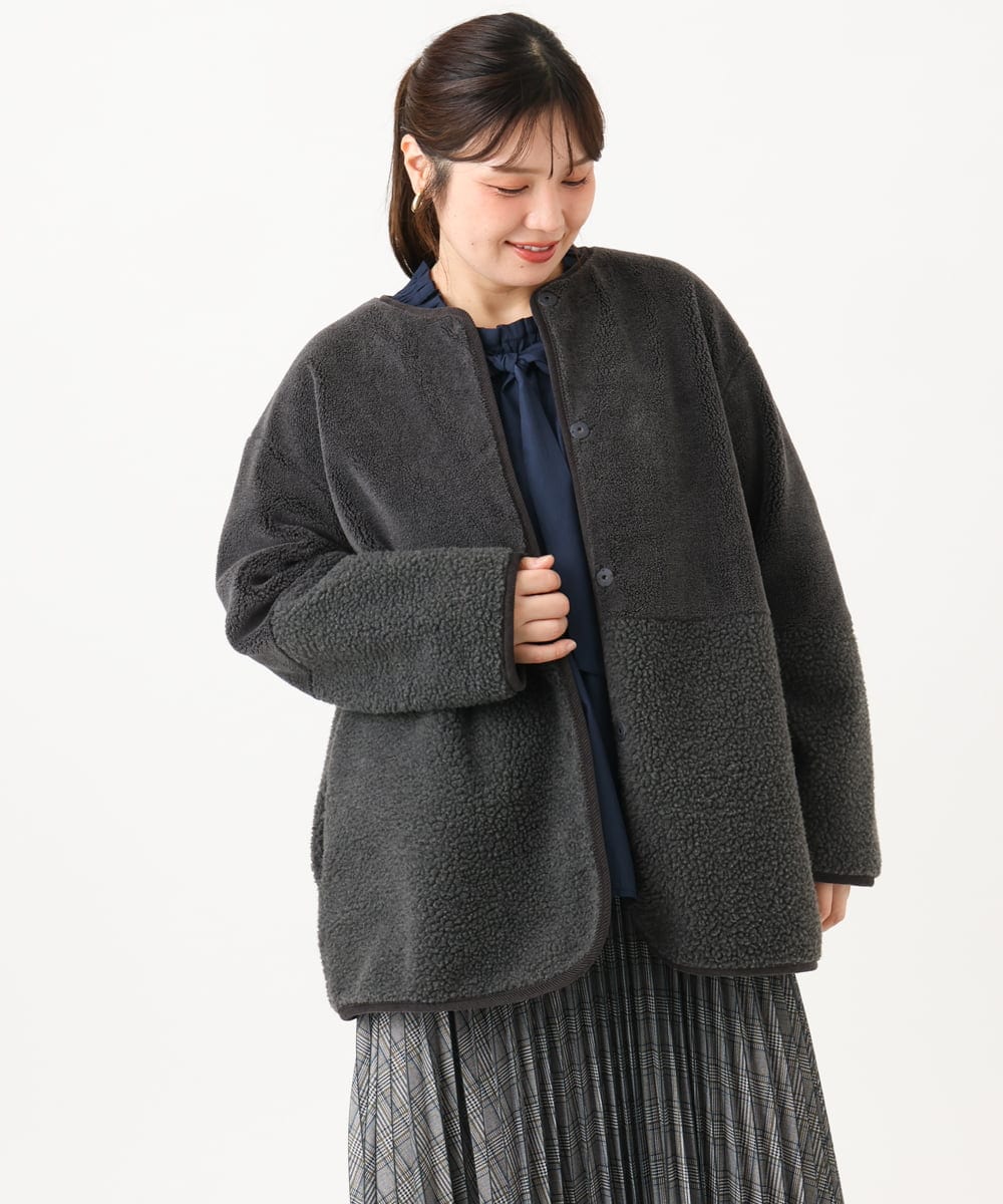 OLJLD05239 eur3(エウルキューブ) 【WEB先行販売】【大きいサイズ/リバーシブル】ノーカラーフェイクムートンコート ダークグレー