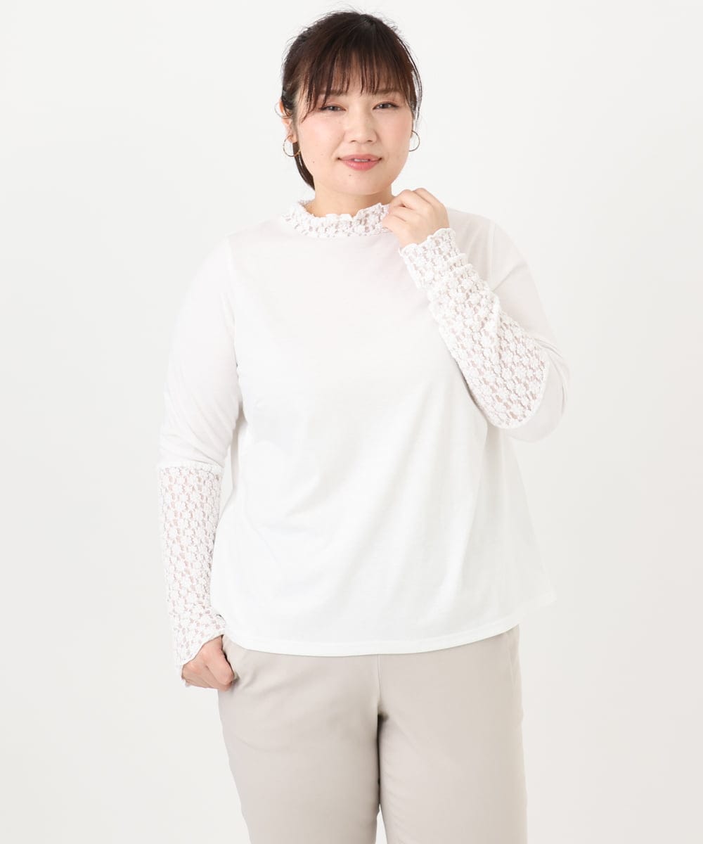 OLKAD18049 eur3(エウルキューブ) 【WEB先行販売】【大きいサイズ】ハイネックレースカットソー ホワイト(90)