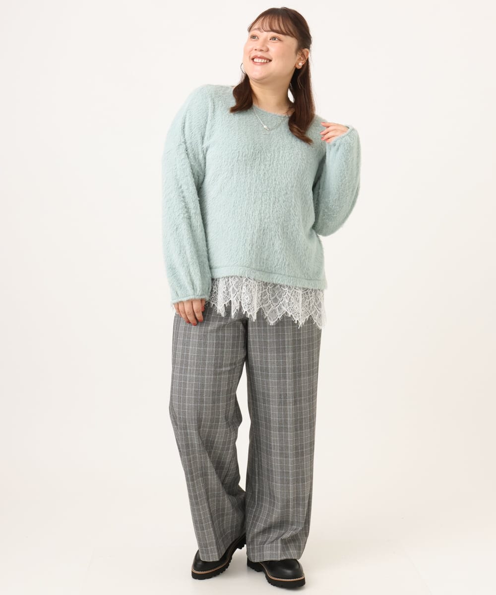 OLKAG29099 eur3(エウルキューブ) 【WEB先行販売】【大きいサイズ】フラッフィーレースドッキングトップス ライトグリーン