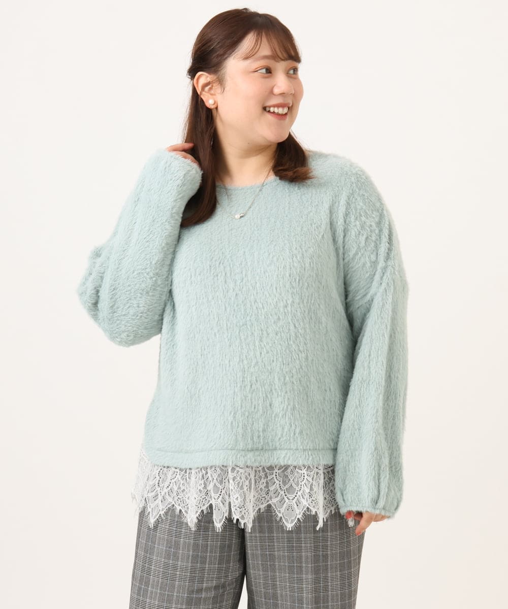 OLKAG29099 eur3(エウルキューブ) 【WEB先行販売】【大きいサイズ】フラッフィーレースドッキングトップス ライトグリーン