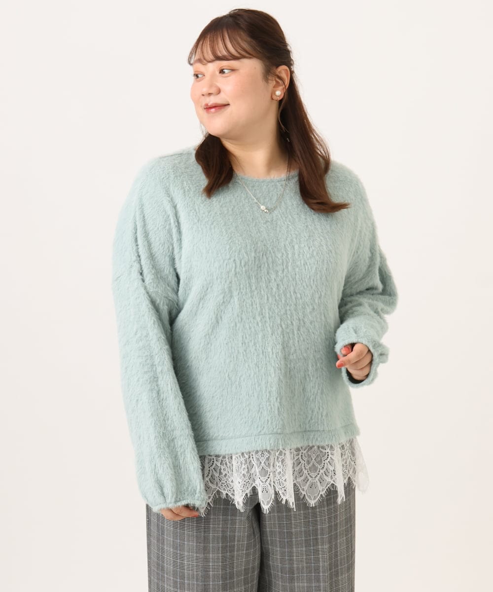 OLKAG29099 eur3(エウルキューブ) 【WEB先行販売】【大きいサイズ】フラッフィーレースドッキングトップス ライトグリーン