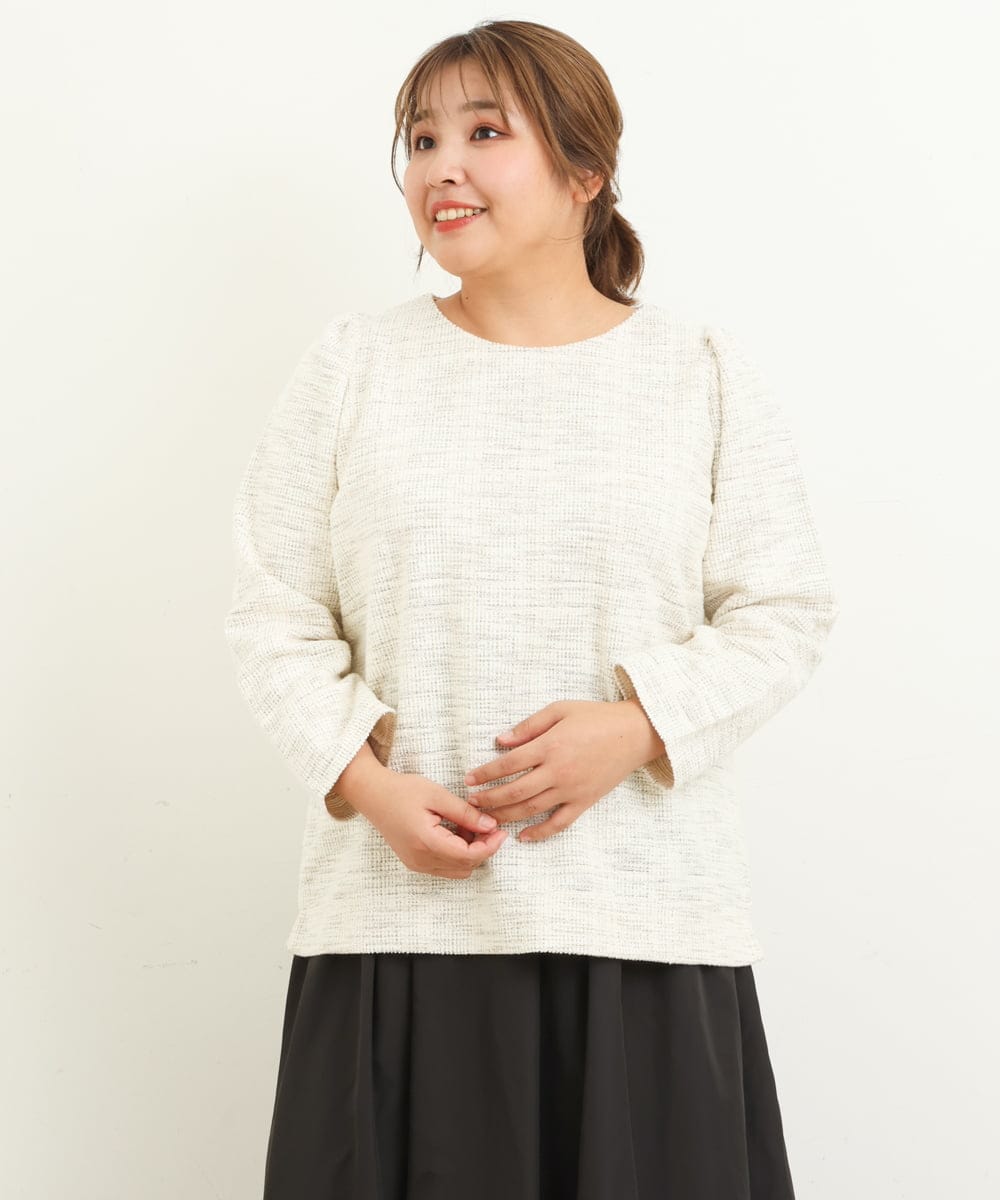 OLKAS11070 eur3(エウルキューブ) 【大きいサイズ/a.v.v×eur3】カットツイードギャザースリーブトップス ベージュ(82)