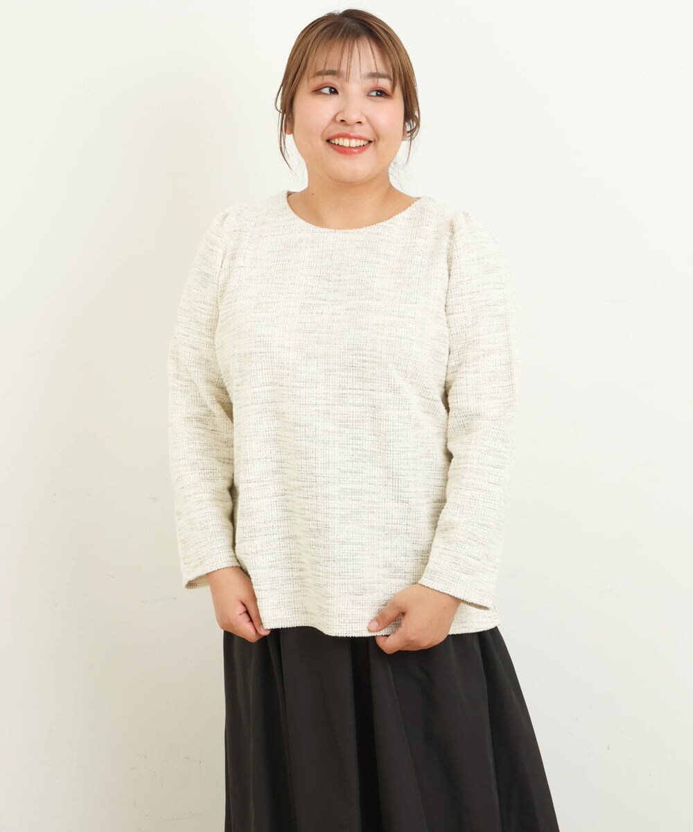OLKAS11070 eur3(エウルキューブ) 【大きいサイズ/a.v.v×eur3】カットツイードギャザースリーブトップス ベージュ(82)