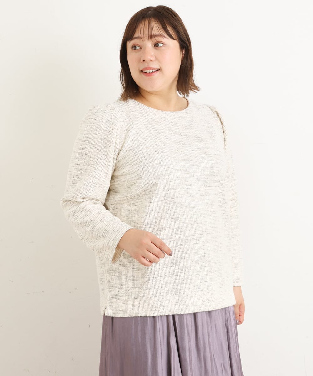 OLKAS11070 eur3(エウルキューブ) 【大きいサイズ/a.v.v×eur3】カットツイードギャザースリーブトップス ベージュ(82)