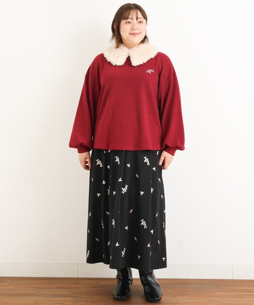 OLKAS24080 eur3(エウルキューブ) 【大きいサイズ/soso×eur3】リーフ刺繍ジャガードトップス ワイン(77)