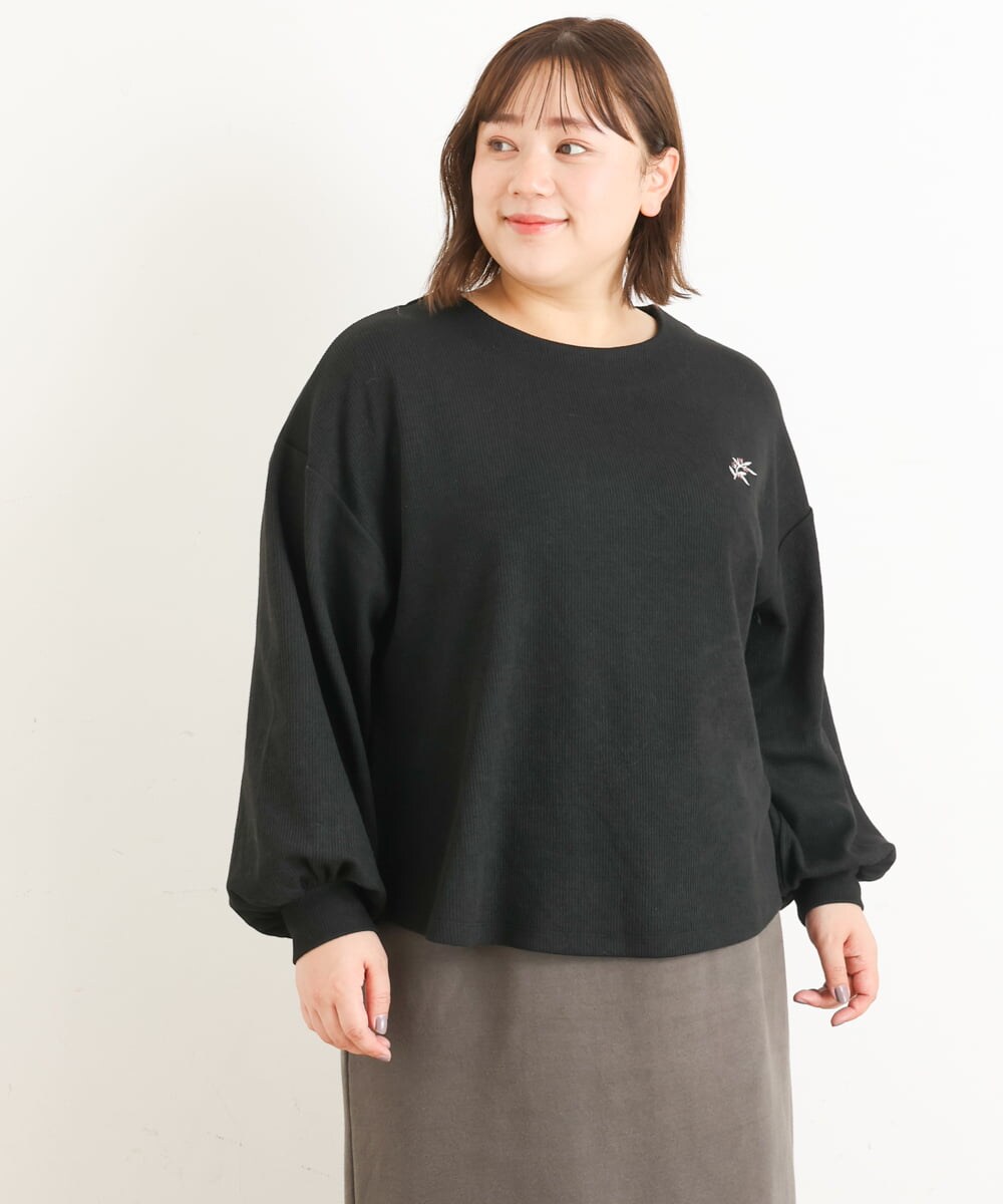 OLKAS24080 eur3(エウルキューブ) 【大きいサイズ/soso×eur3】リーフ刺繍ジャガードトップス ブラック(94)