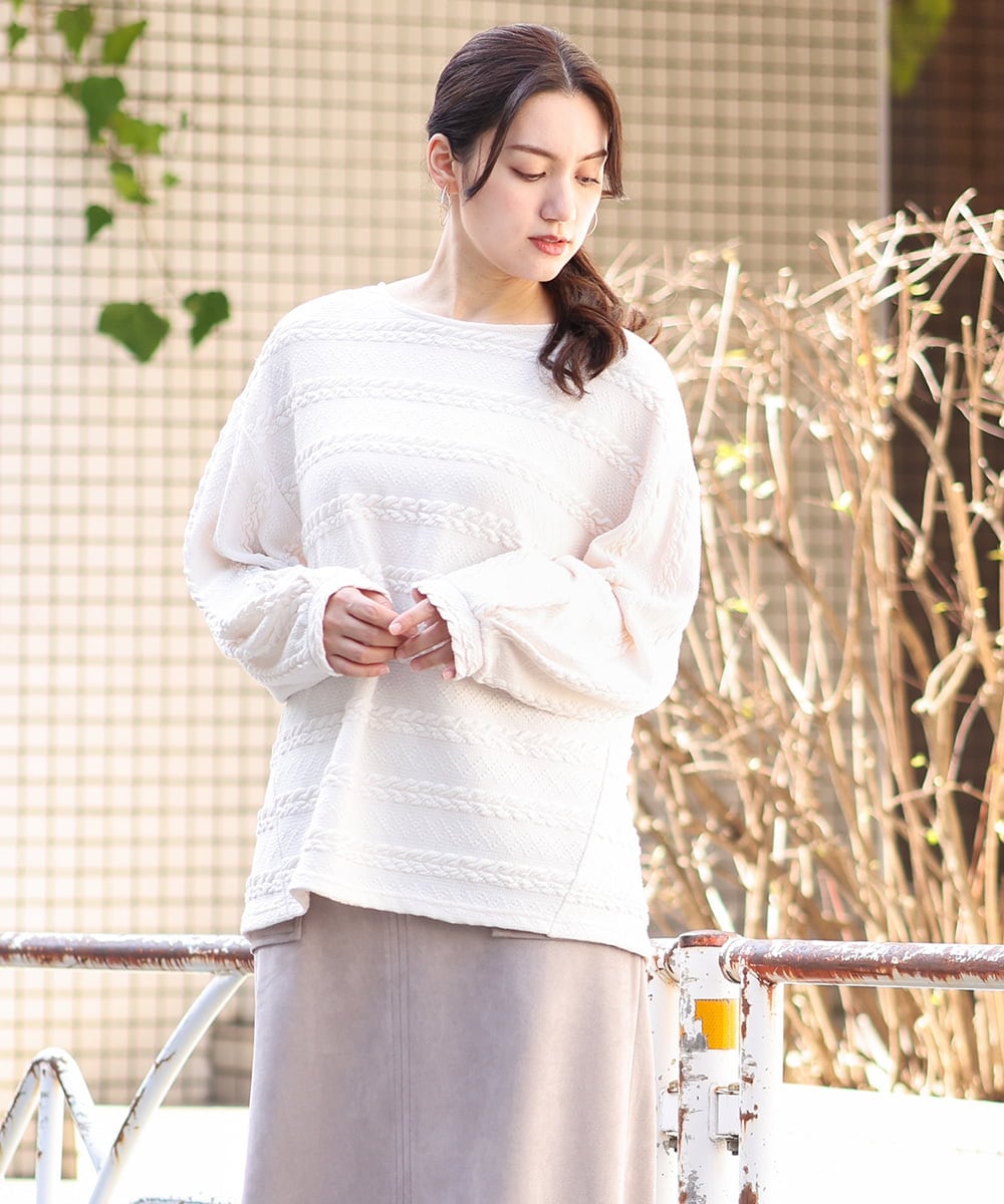 OLKAV21079 eur3(エウルキューブ) 【大きいサイズ】ケーブルジャカードカットソー アイボリー(80)