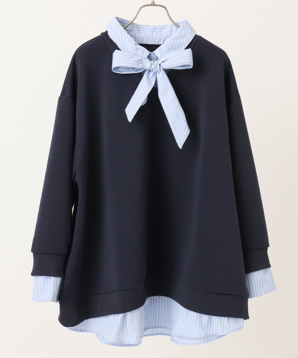 OLKBD37099 eur3(エウルキューブ) 【WEB先行販売】【大きいサイズ】レイヤード風ボウタイトップス ネイビー(57)