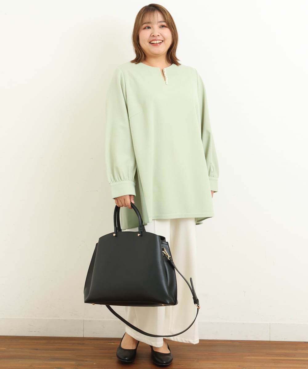 OLKBS21080 eur3(エウルキューブ) 【大きいサイズ】パールキーネックカットソー ライトグリーン(30)