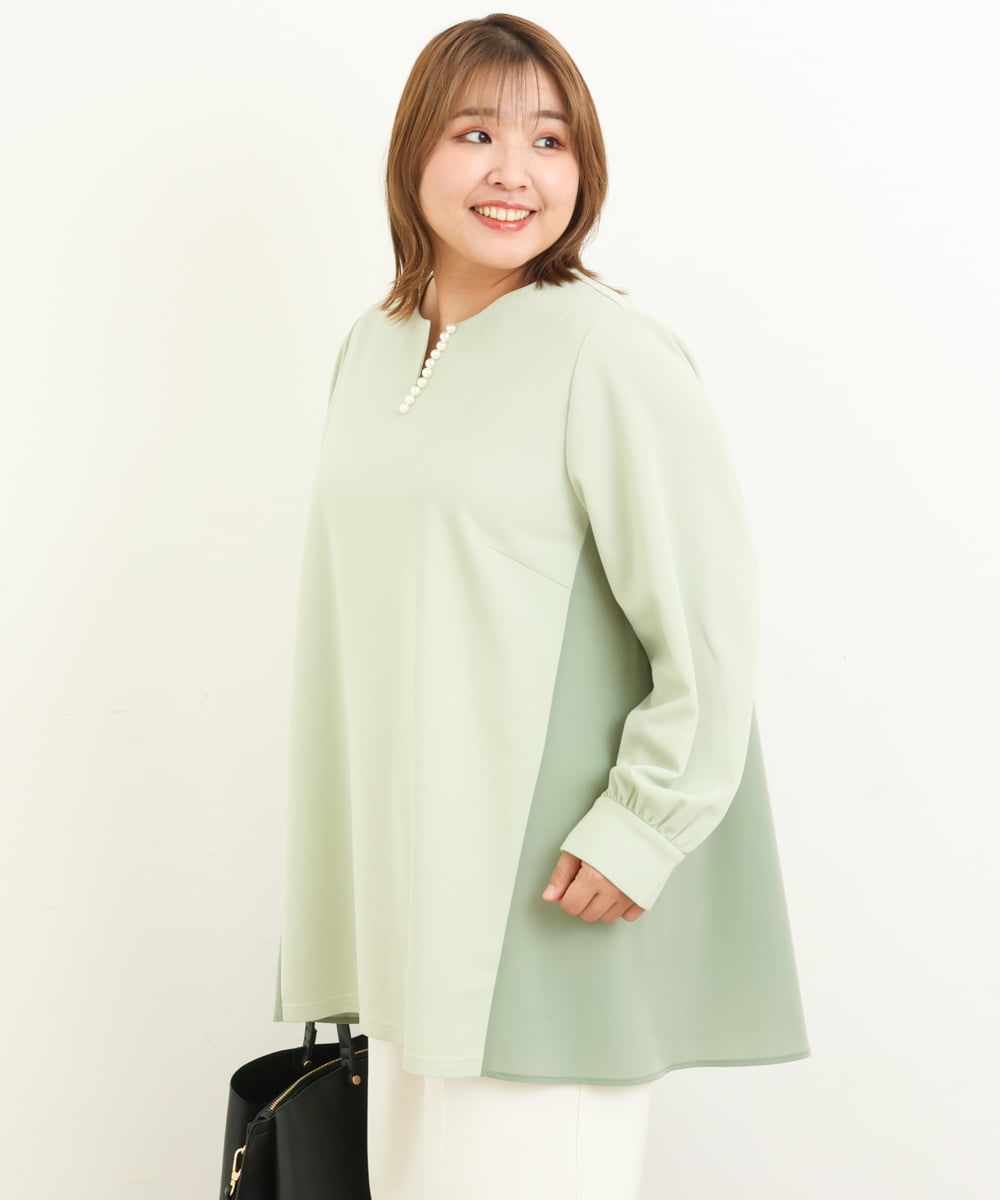 OLKBS21080 eur3(エウルキューブ) 【大きいサイズ】パールキーネックカットソー ライトグリーン(30)