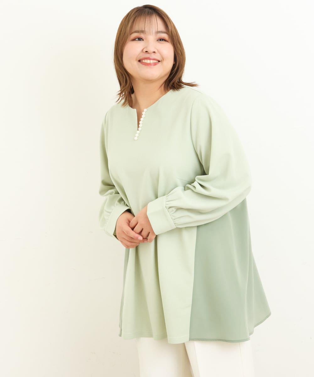 OLKBS21080 eur3(エウルキューブ) 【大きいサイズ】パールキーネックカットソー ライトグリーン(30)