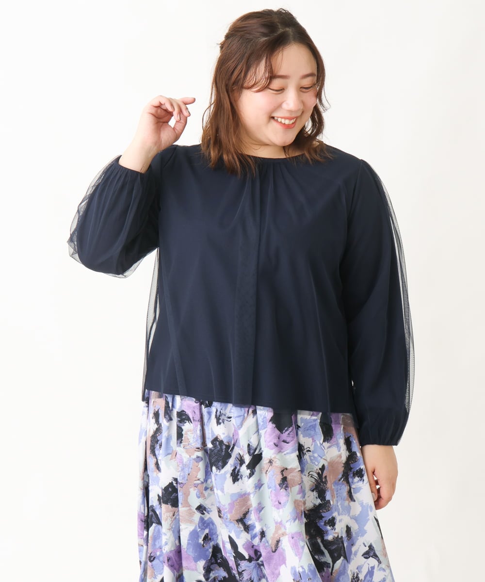 OLKCV06089 eur3(エウルキューブ) 【大きいサイズ】チュールデザインカットソー ネイビー(57)