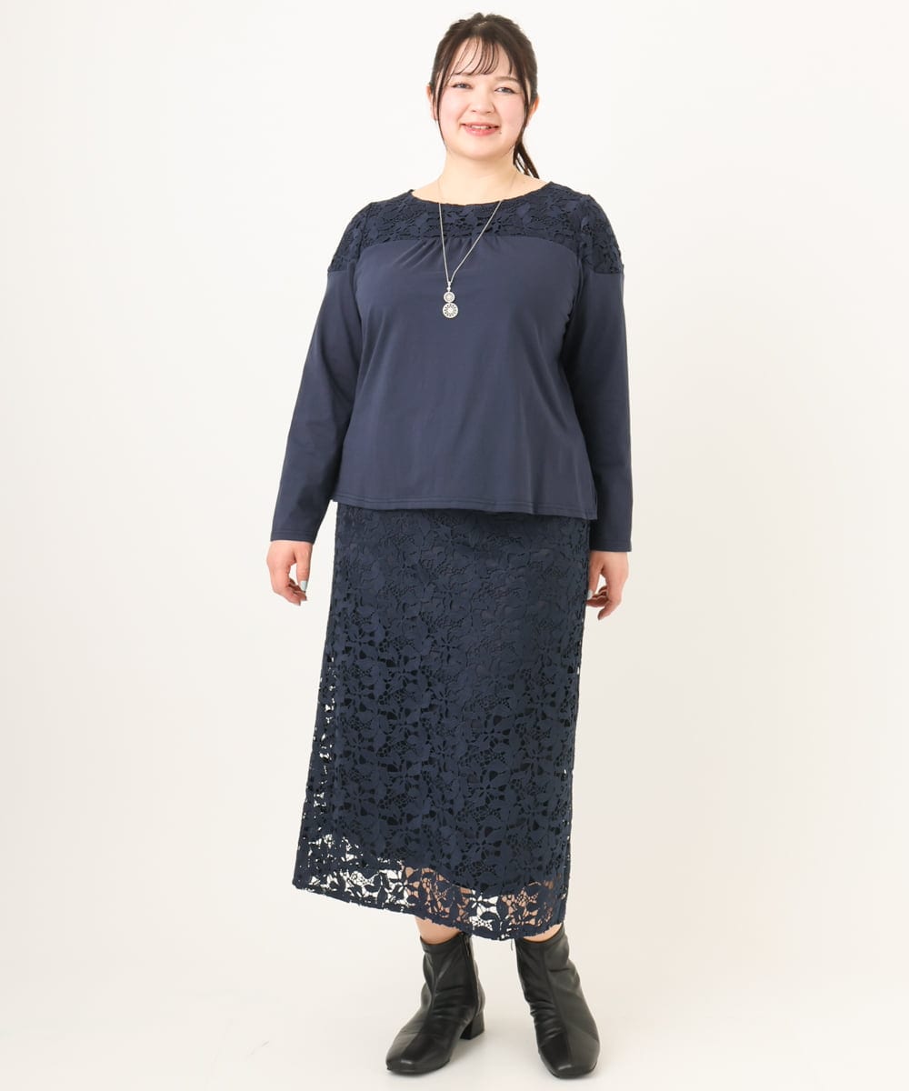 OLKDA03089 eur3(エウルキューブ) 【大きいサイズ】レースコンビカットソー ネイビー(57)
