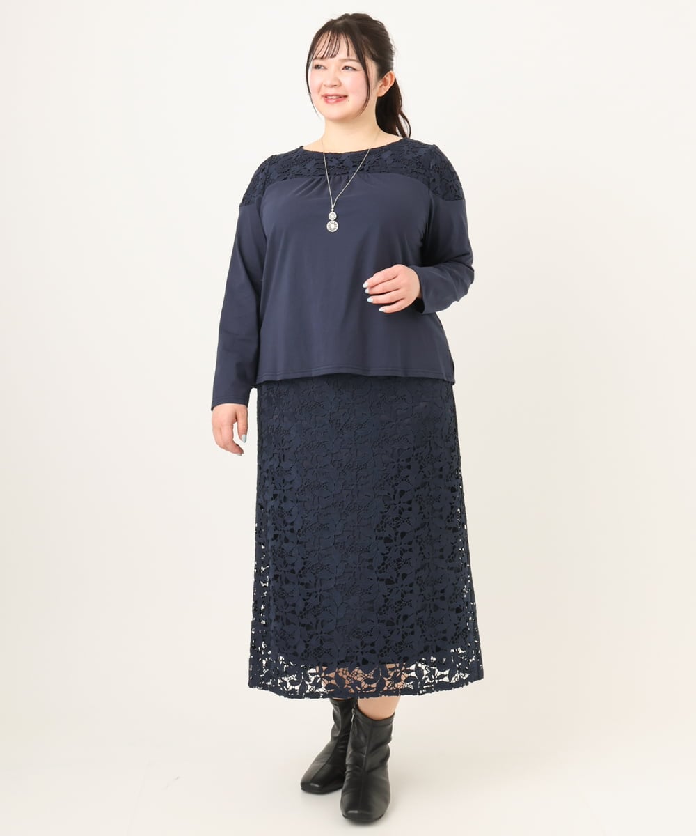 OLKDA03089 eur3(エウルキューブ) 【大きいサイズ】レースコンビカットソー ネイビー(57)