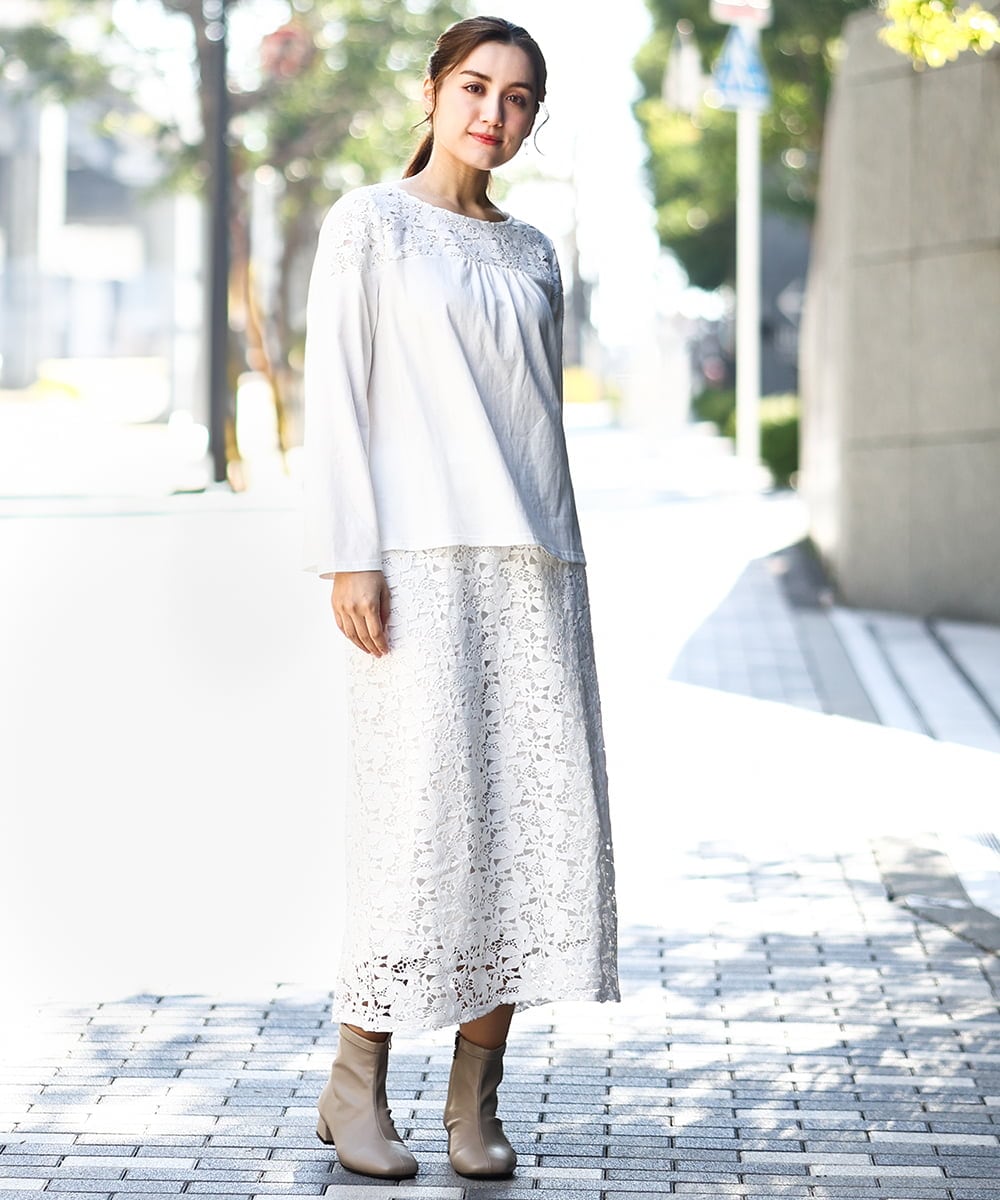 OLKDA03089 eur3(エウルキューブ) 【大きいサイズ】レースコンビカットソー ホワイト(90)