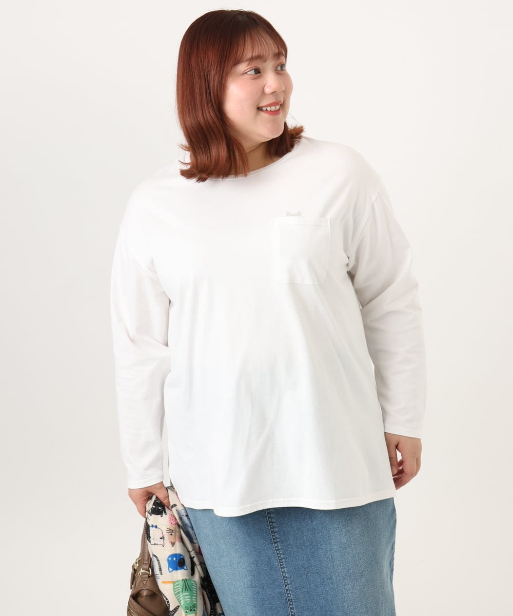 OLKDD03069 eur3(エウルキューブ) 【WEB先行販売】【大きいサイズ】コットン長袖Tシャツ ホワイト(ネコ）