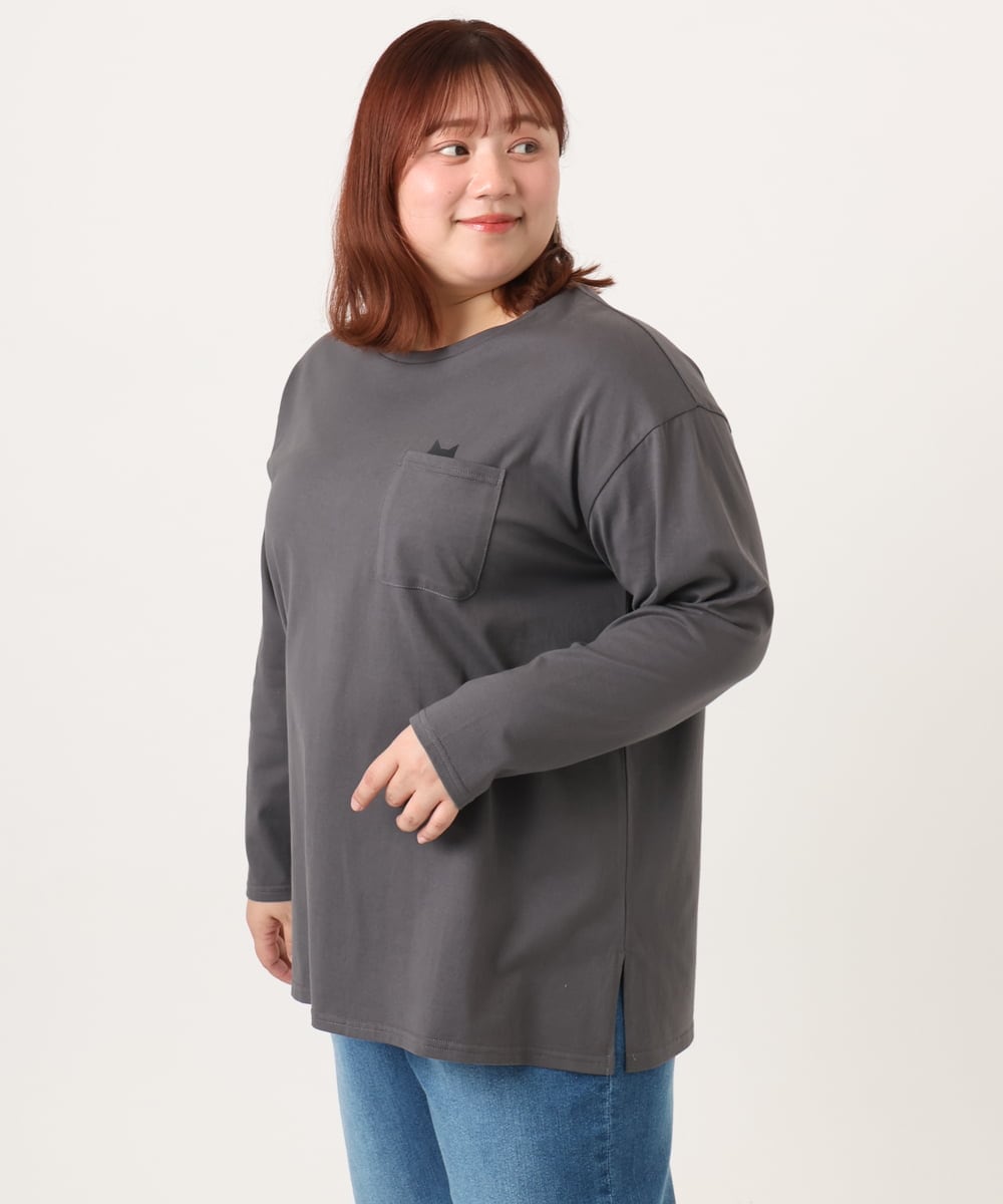 OLKDD03069 eur3(エウルキューブ) 【WEB先行販売】【大きいサイズ】コットン長袖Tシャツ ダークグレー(ネコ）