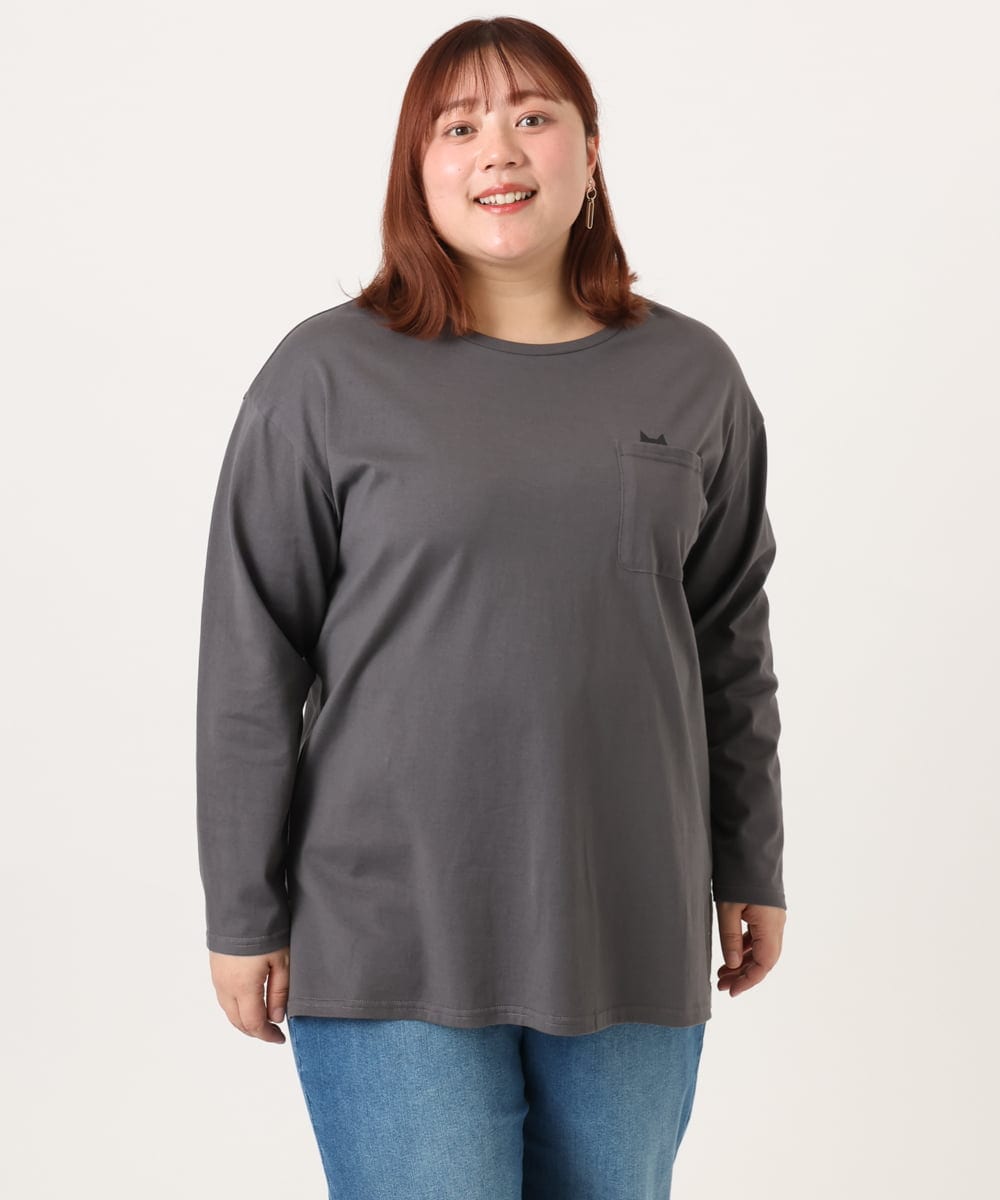 OLKDD03069 eur3(エウルキューブ) 【WEB先行販売】【大きいサイズ】コットン長袖Tシャツ ダークグレー(ネコ）