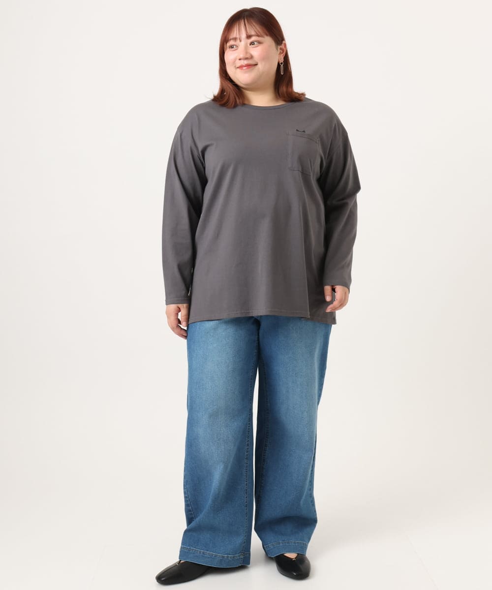 OLKDD03069 eur3(エウルキューブ) 【WEB先行販売】【大きいサイズ】コットン長袖Tシャツ ダークグレー(ネコ）