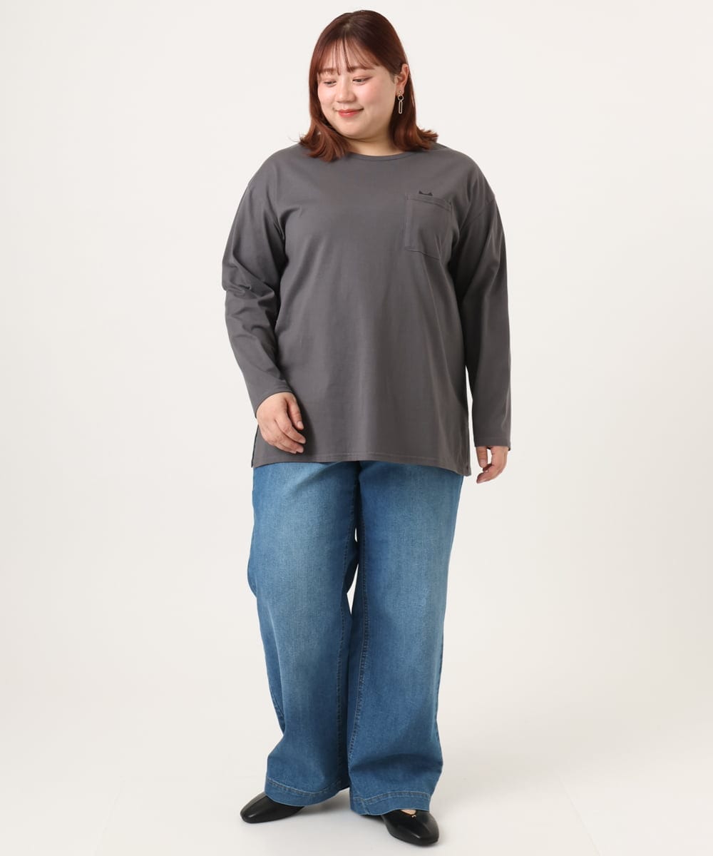 OLKDD03069 eur3(エウルキューブ) 【WEB先行販売】【大きいサイズ】コットン長袖Tシャツ ダークグレー(ネコ）